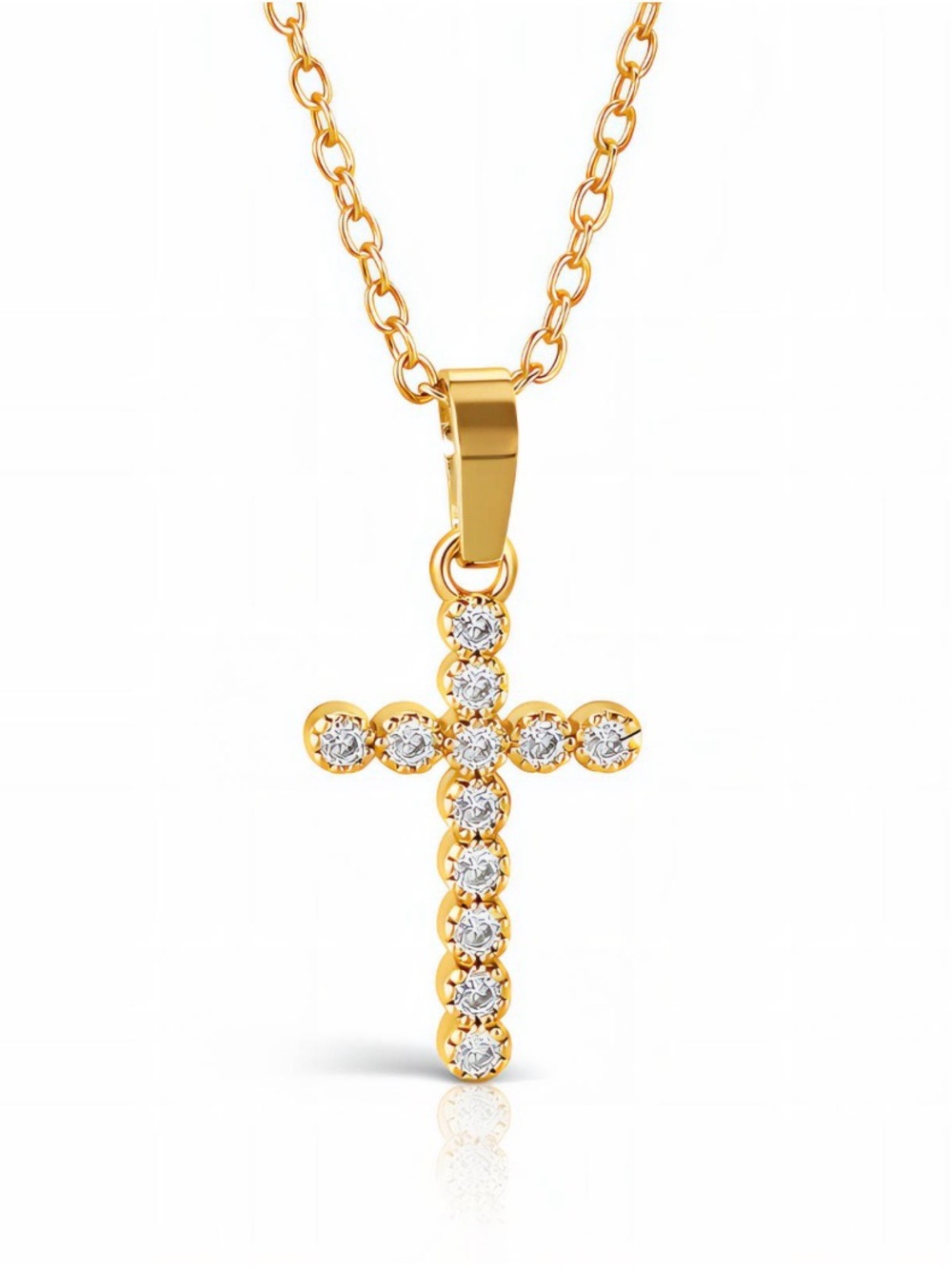 Gold Plated Cross Pendant Necklace with Clear Crystals - Women Jewelry